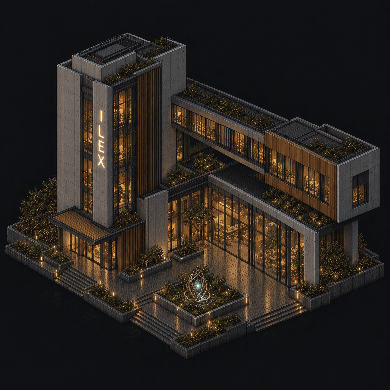 Isometric pixel-art headquarters of Ilex