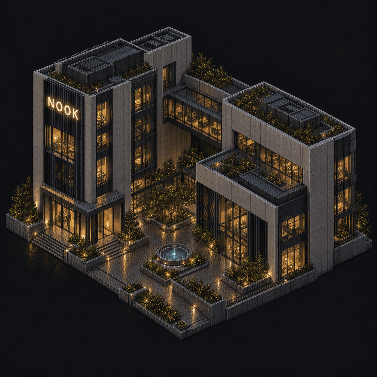 Isometric pixel-art headquarters of Nook