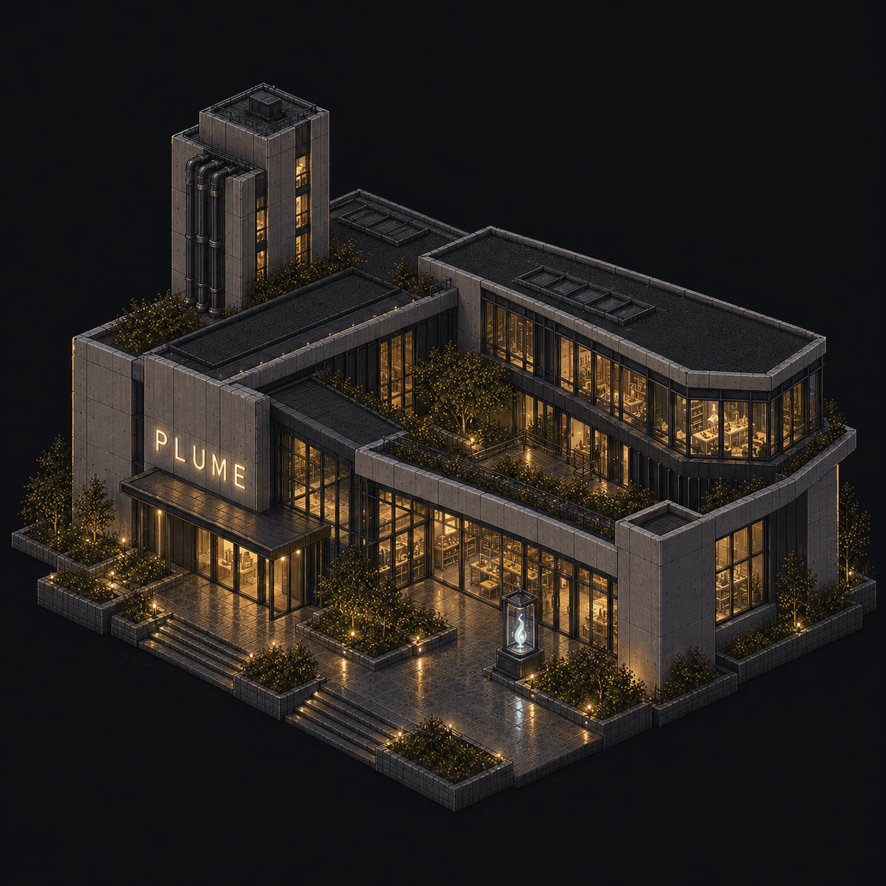 Isometric pixel-art headquarters of Plume