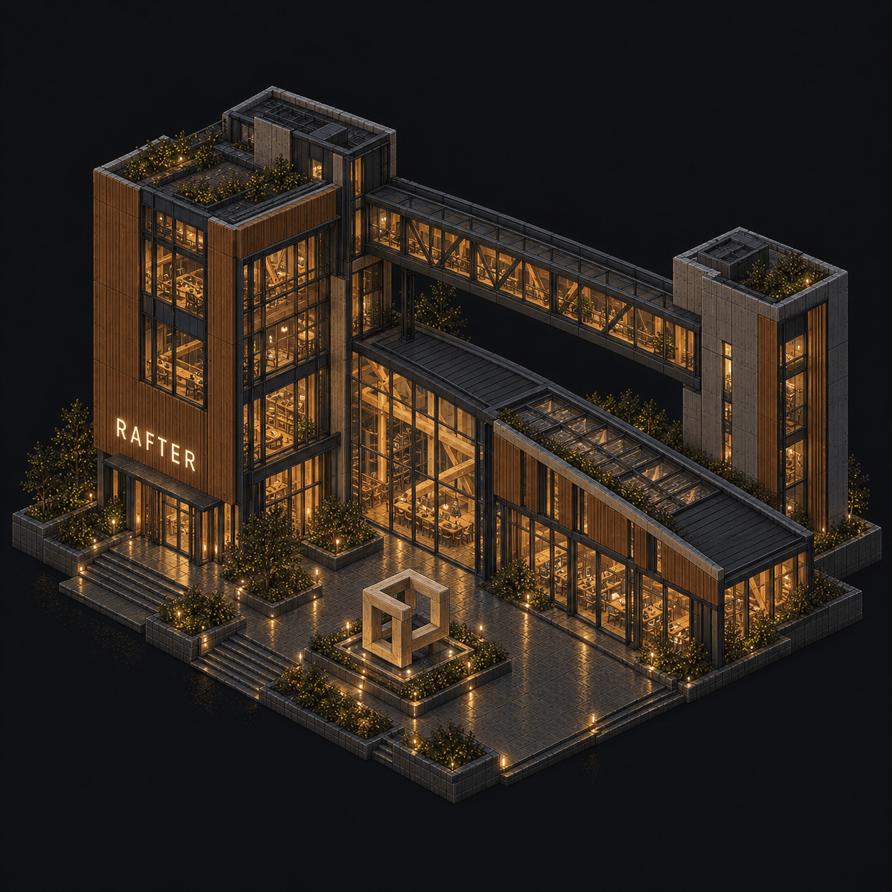 Isometric pixel-art headquarters of Rafter