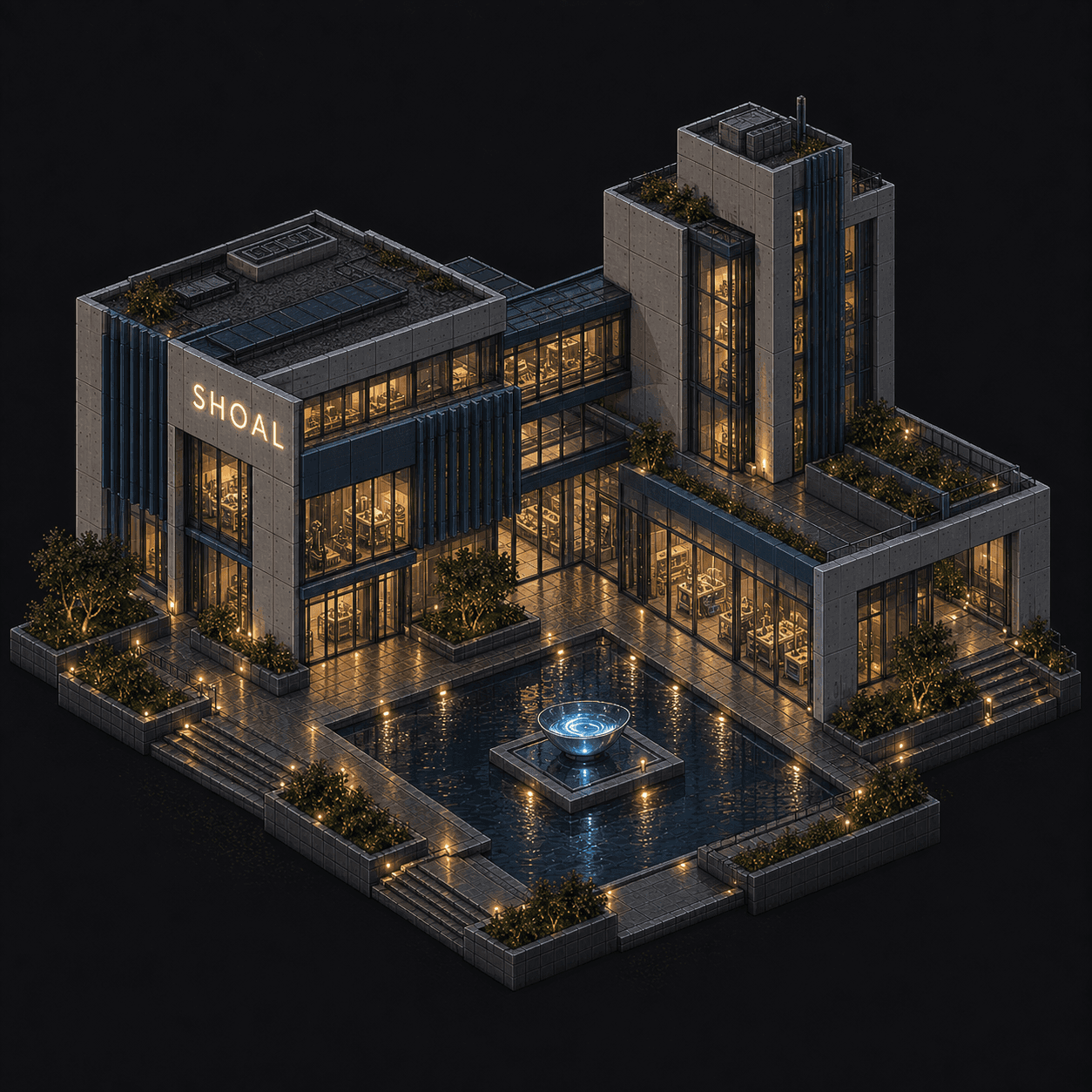 Isometric pixel-art headquarters of Shoal