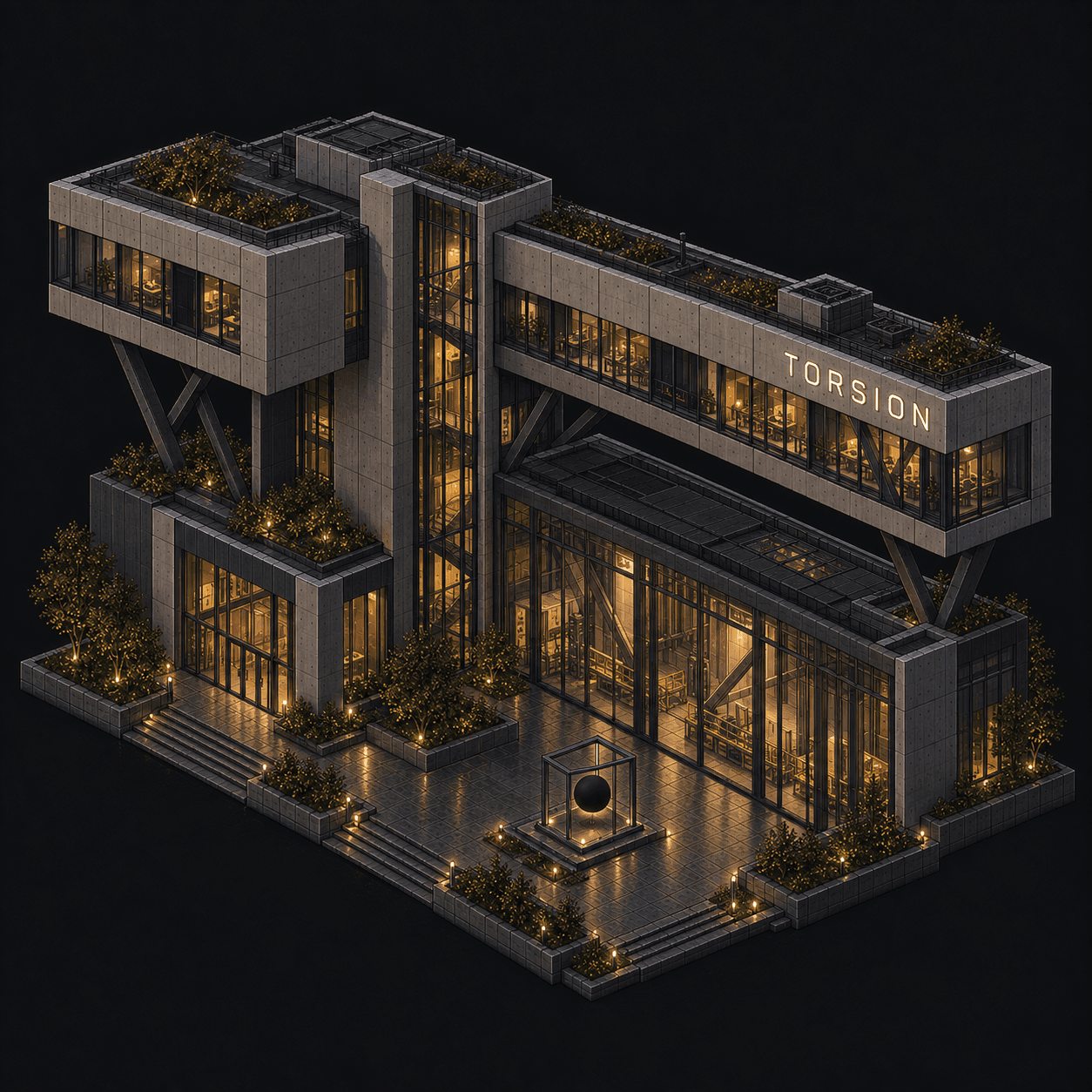 Isometric pixel-art headquarters of Torsion