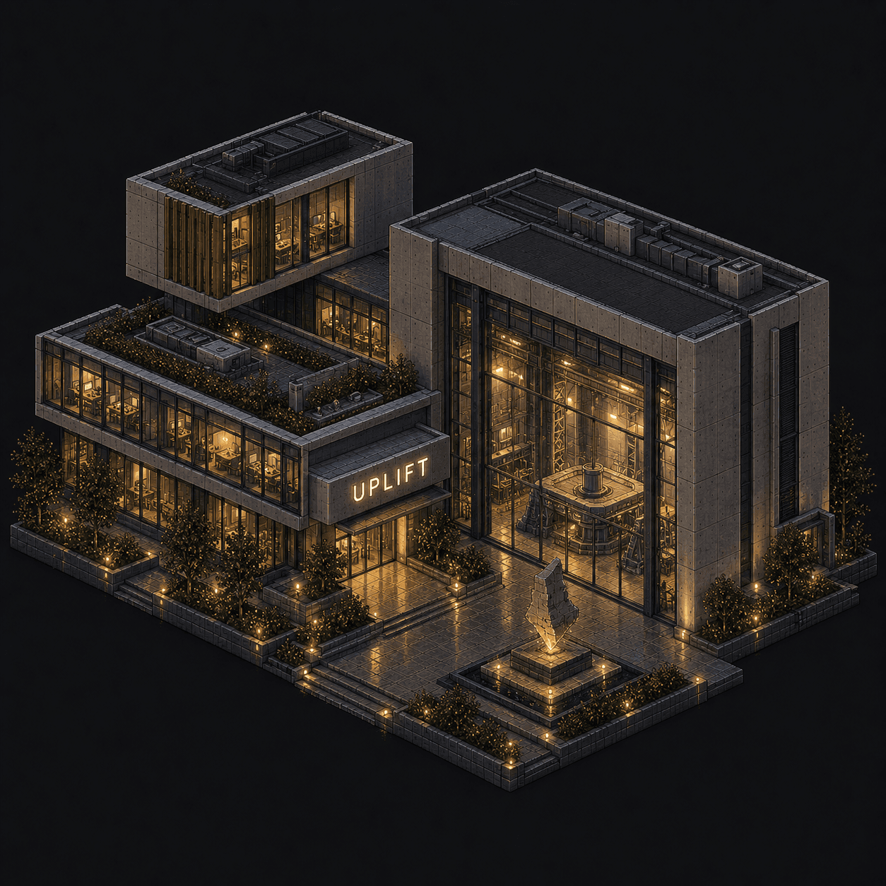 Isometric pixel-art headquarters of Uplift