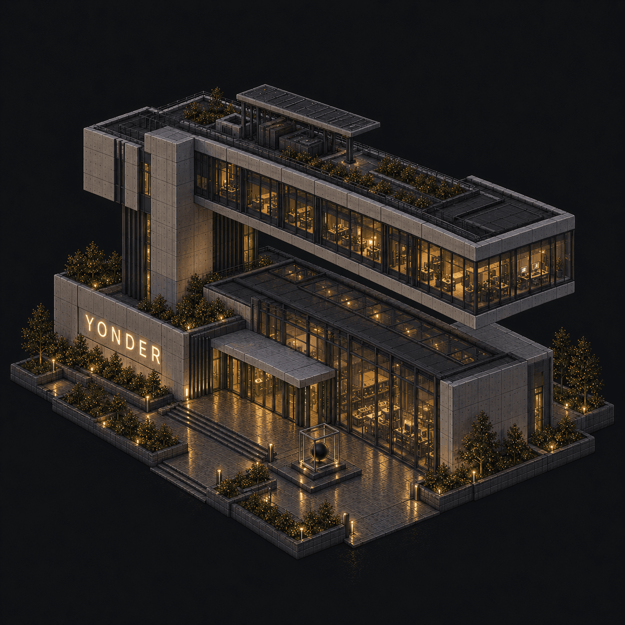 Isometric pixel-art headquarters of Yonder