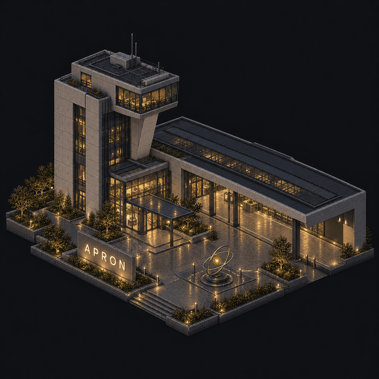 Isometric pixel-art headquarters of Apron