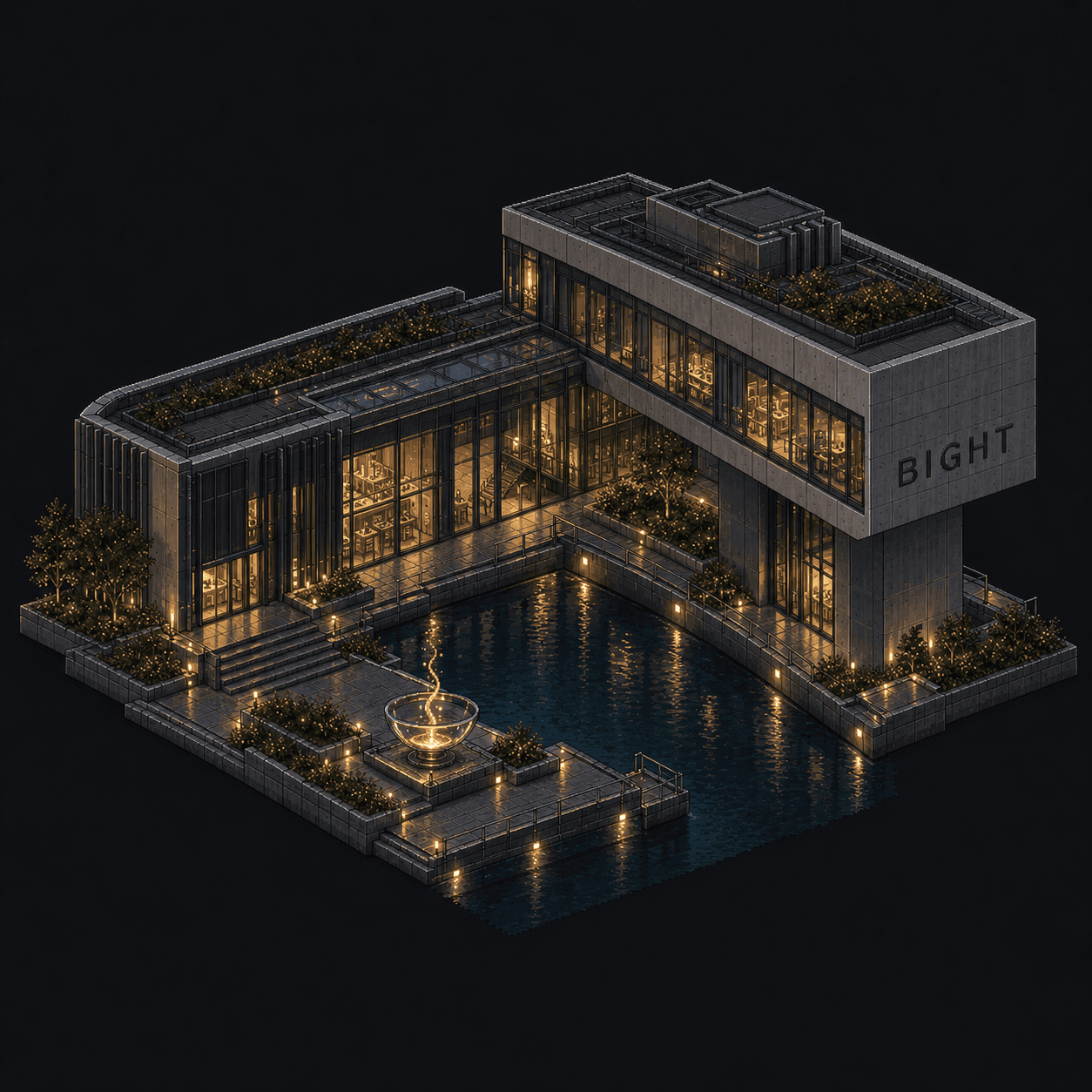 Isometric pixel-art headquarters of Bight
