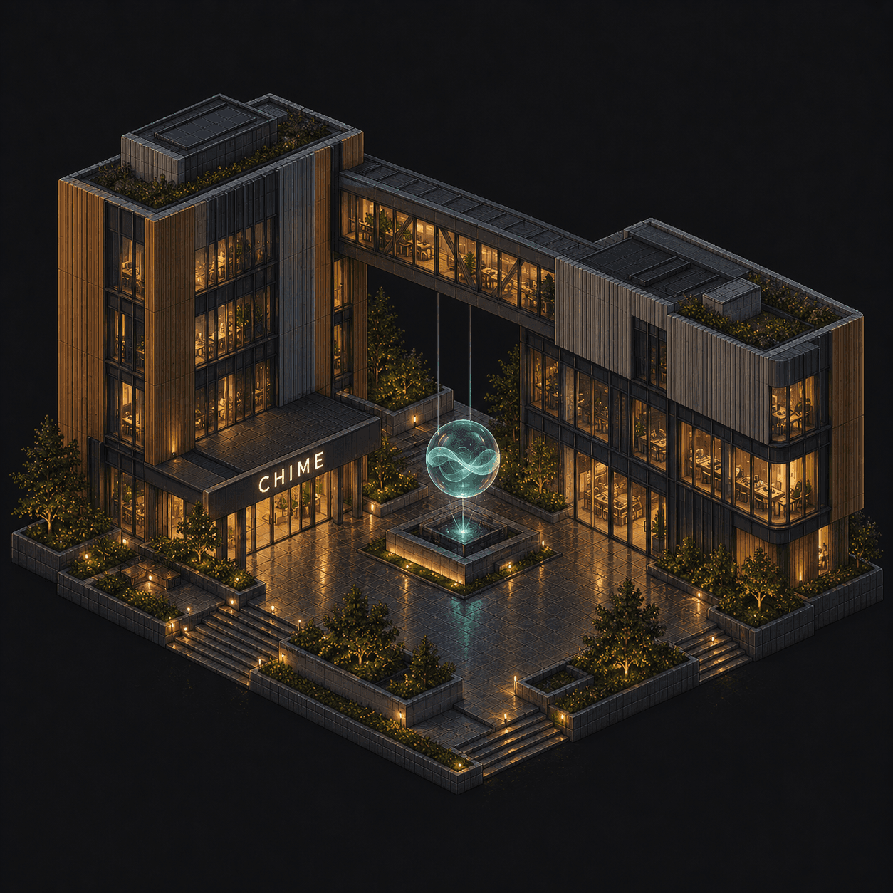 Isometric pixel-art headquarters of Chime