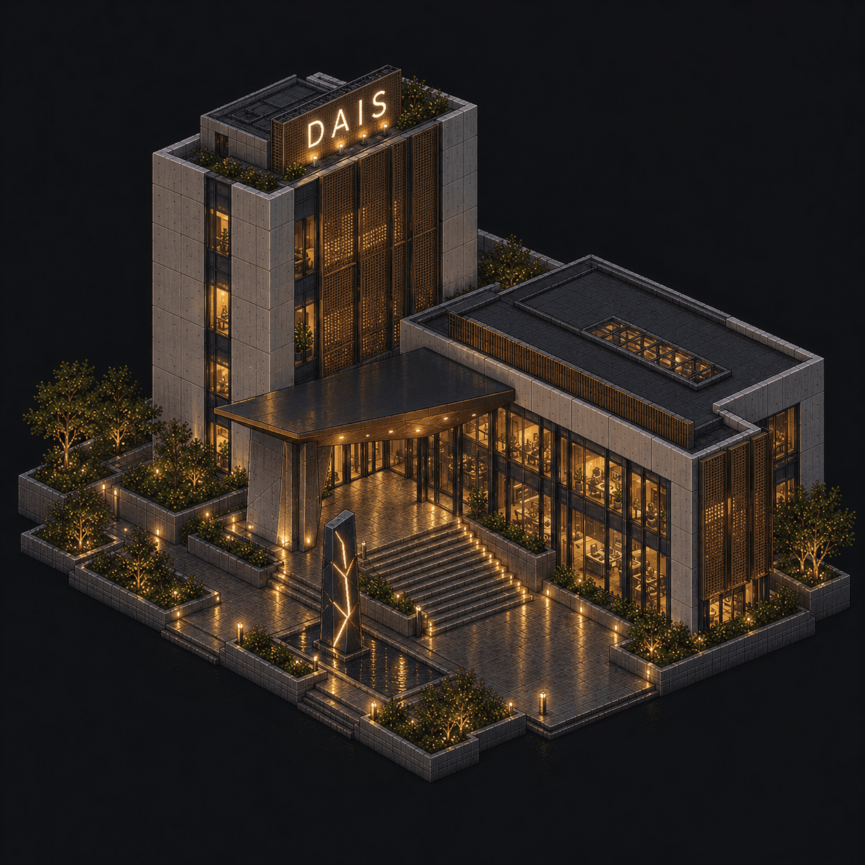 Isometric pixel-art headquarters of Dais