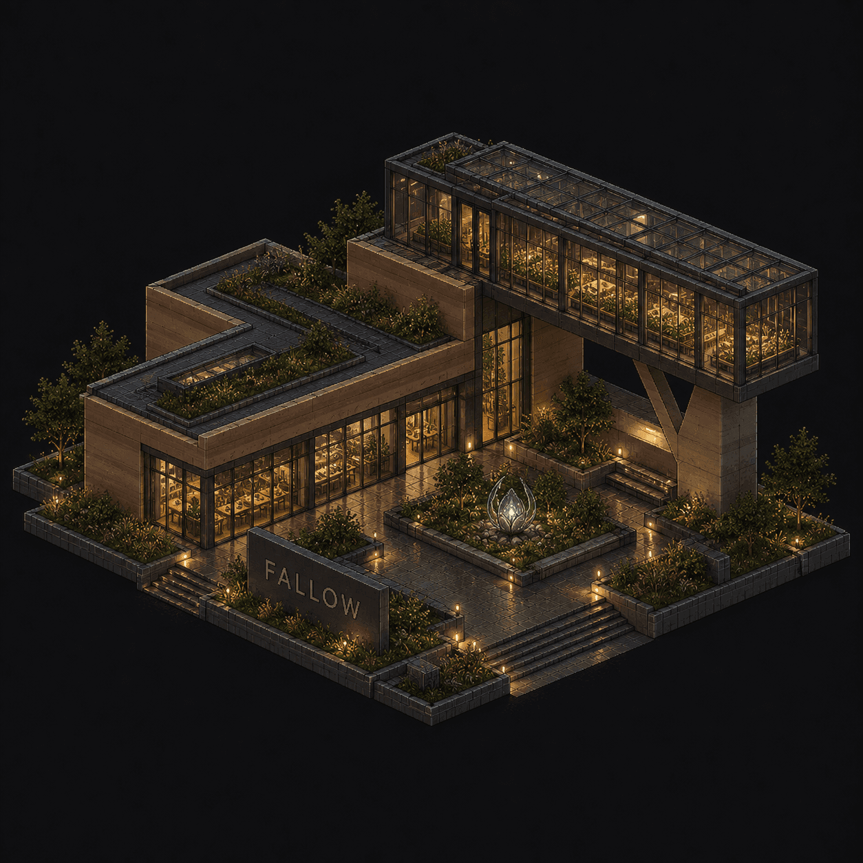 Isometric pixel-art headquarters of Fallow