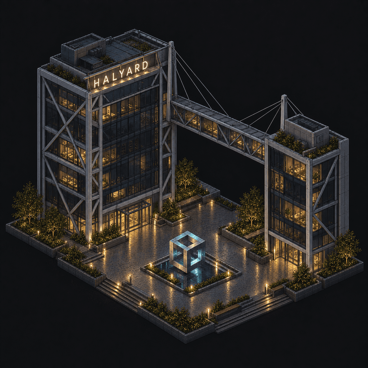 Isometric pixel-art headquarters of Halyard