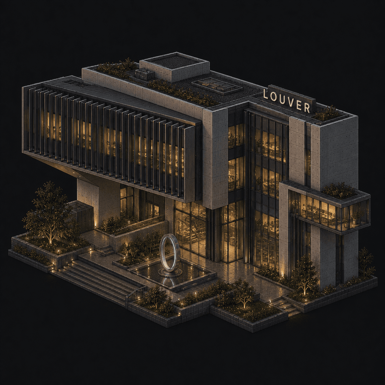 Isometric pixel-art headquarters of Louver