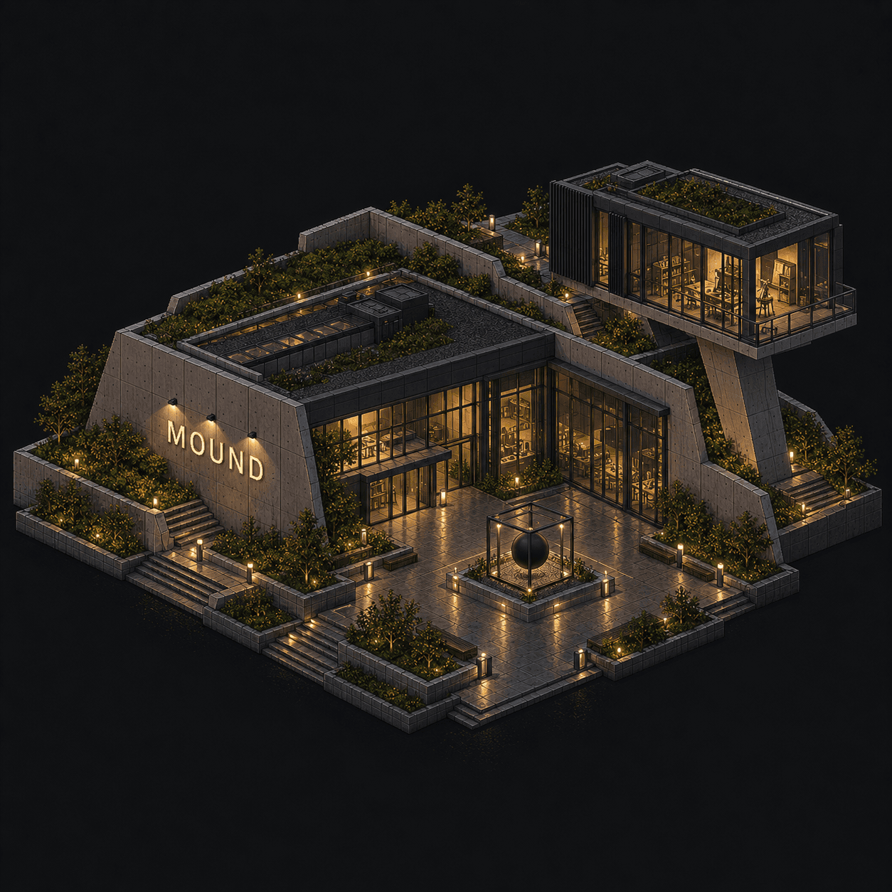 Isometric pixel-art headquarters of Mound