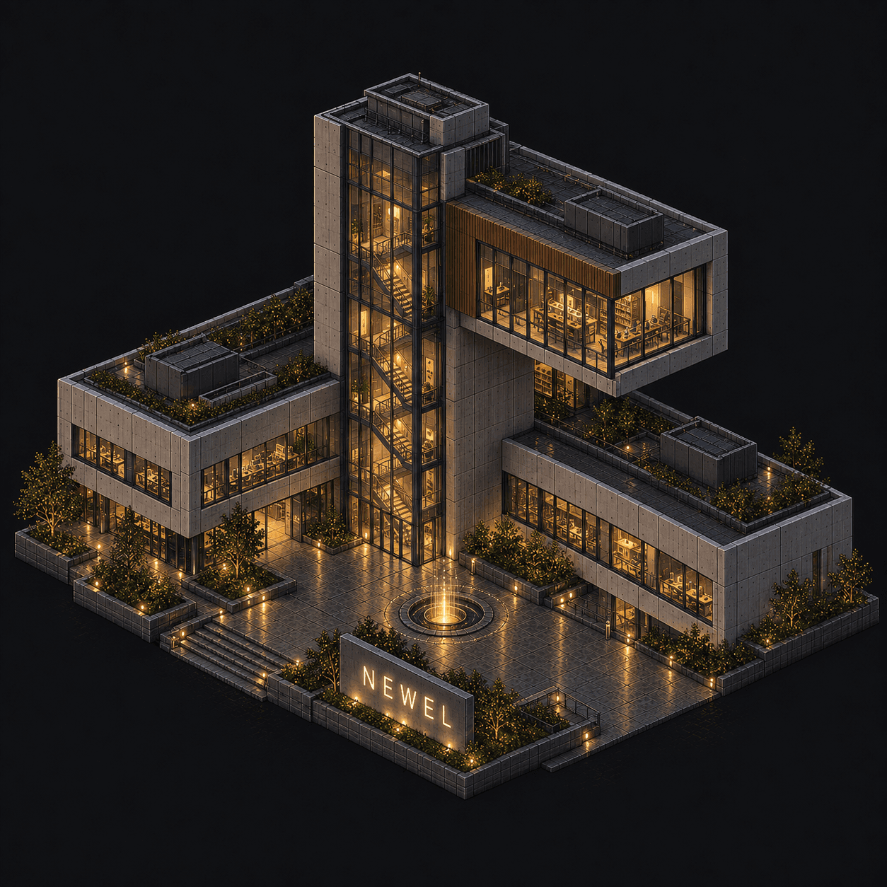 Isometric pixel-art headquarters of Newel