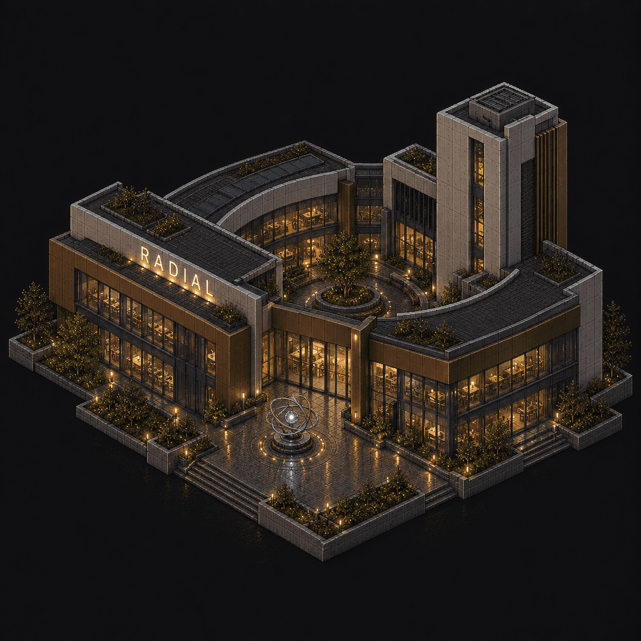 Isometric pixel-art headquarters of Radial