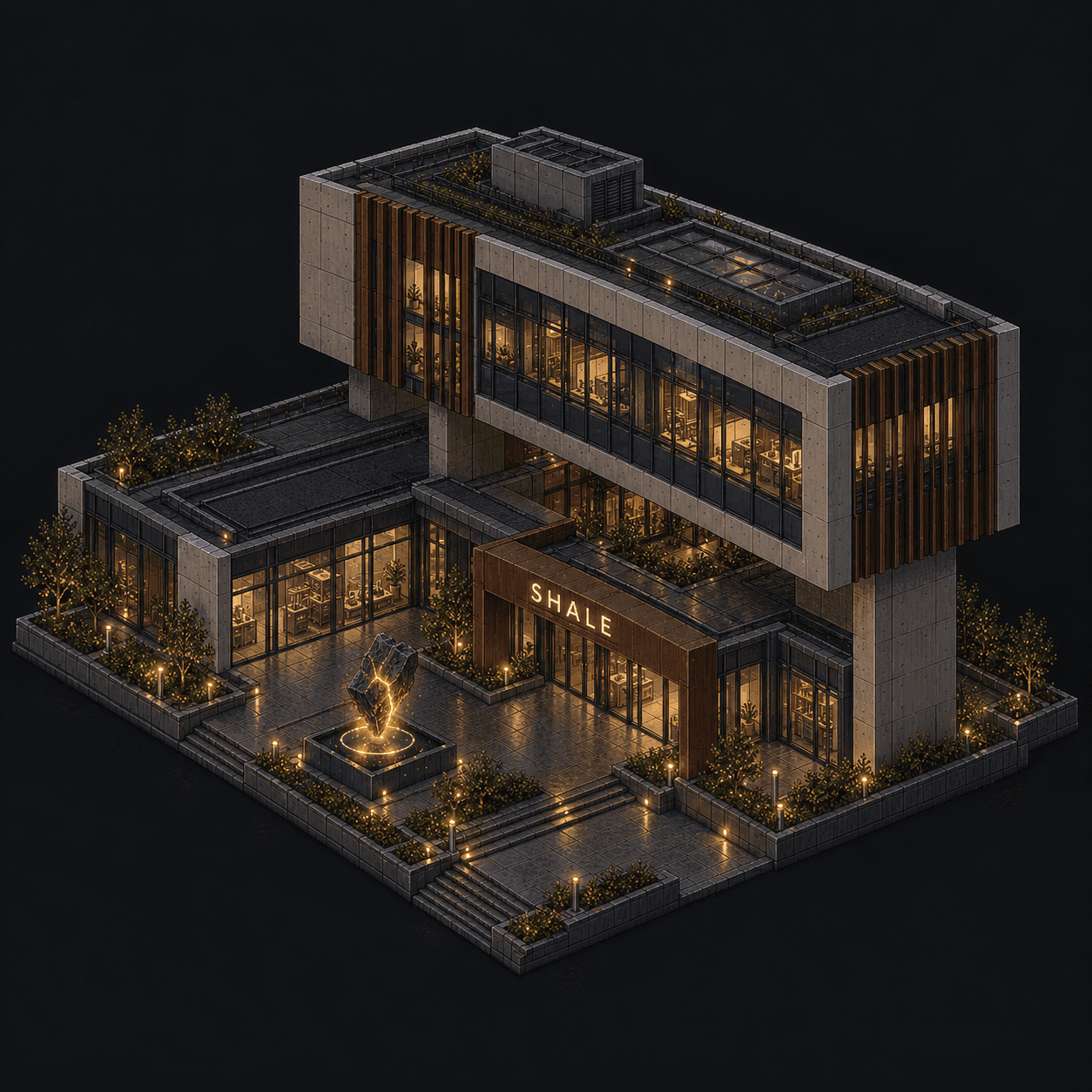 Isometric pixel-art headquarters of Shale