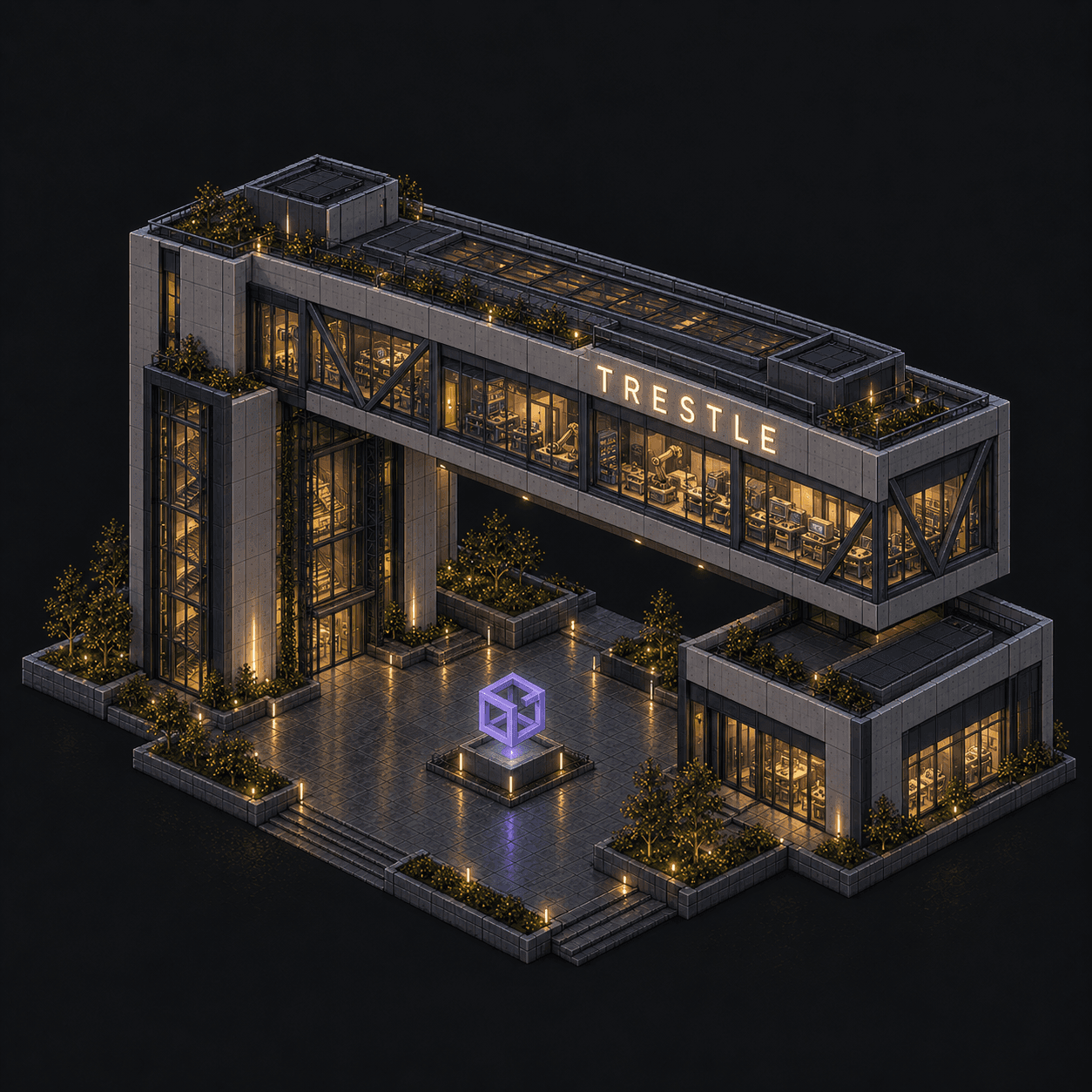 Isometric pixel-art headquarters of Trestle