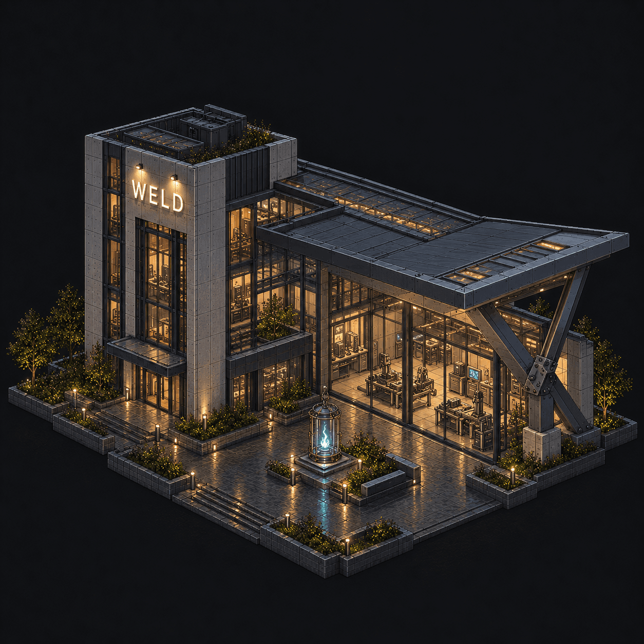 Isometric pixel-art headquarters of Weld