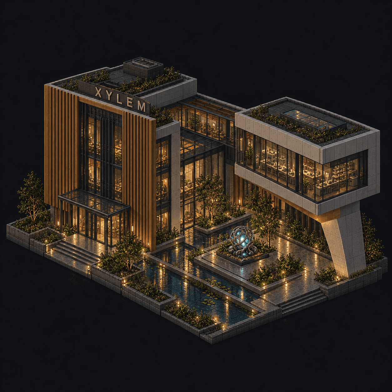 Isometric pixel-art headquarters of Xylem