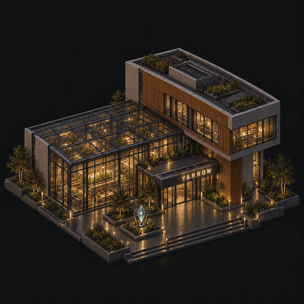 Isometric pixel-art headquarters of Yarrow