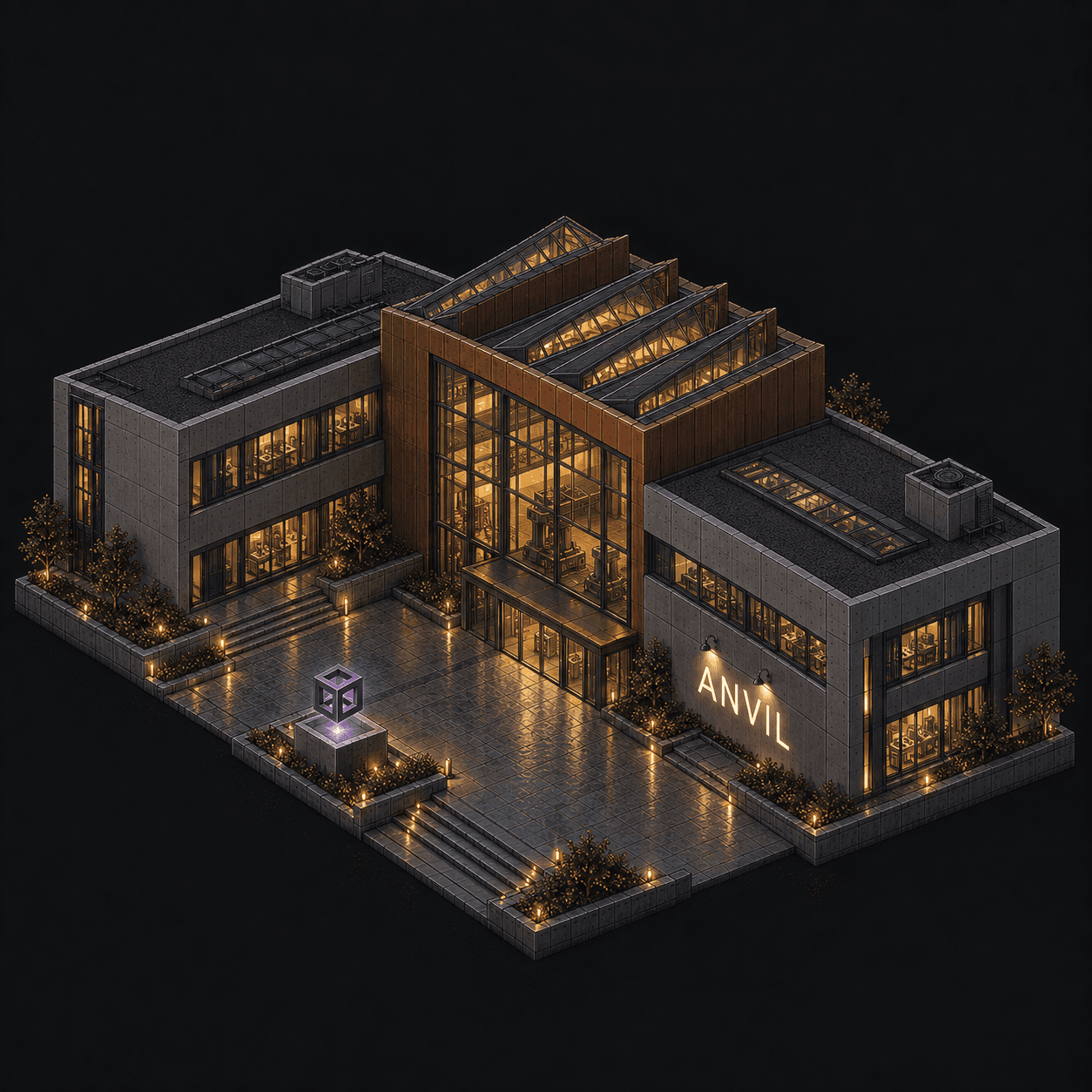 Isometric pixel-art headquarters of Anvil