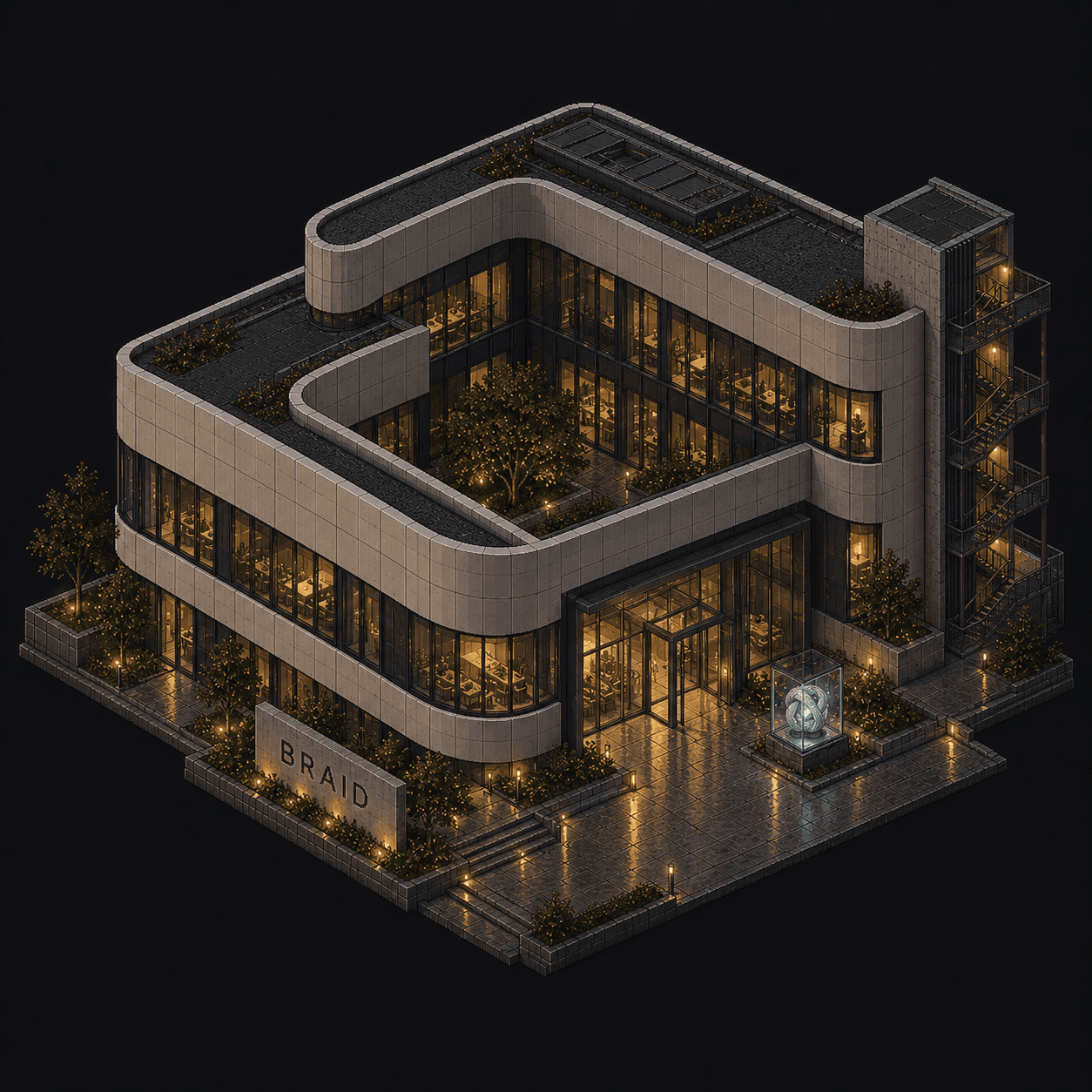 Isometric pixel-art headquarters of Braid