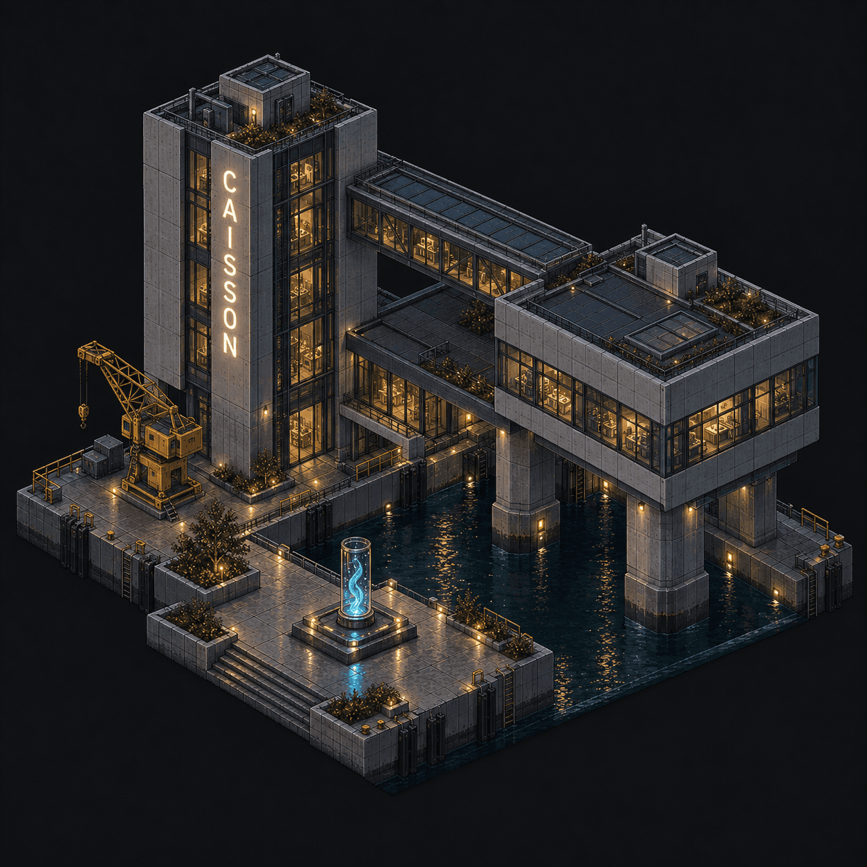 Isometric pixel-art headquarters of Caisson