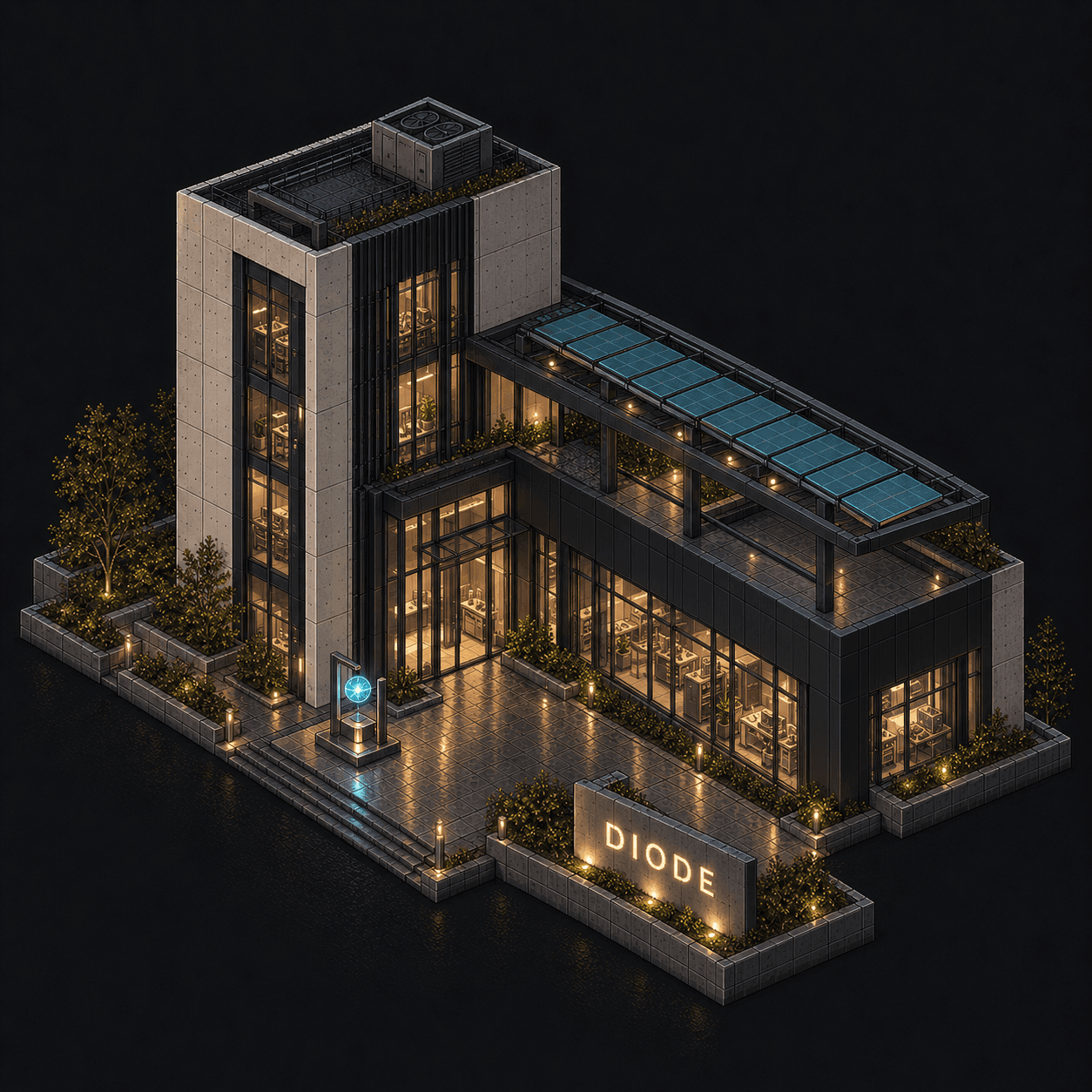 Isometric pixel-art headquarters of Diode