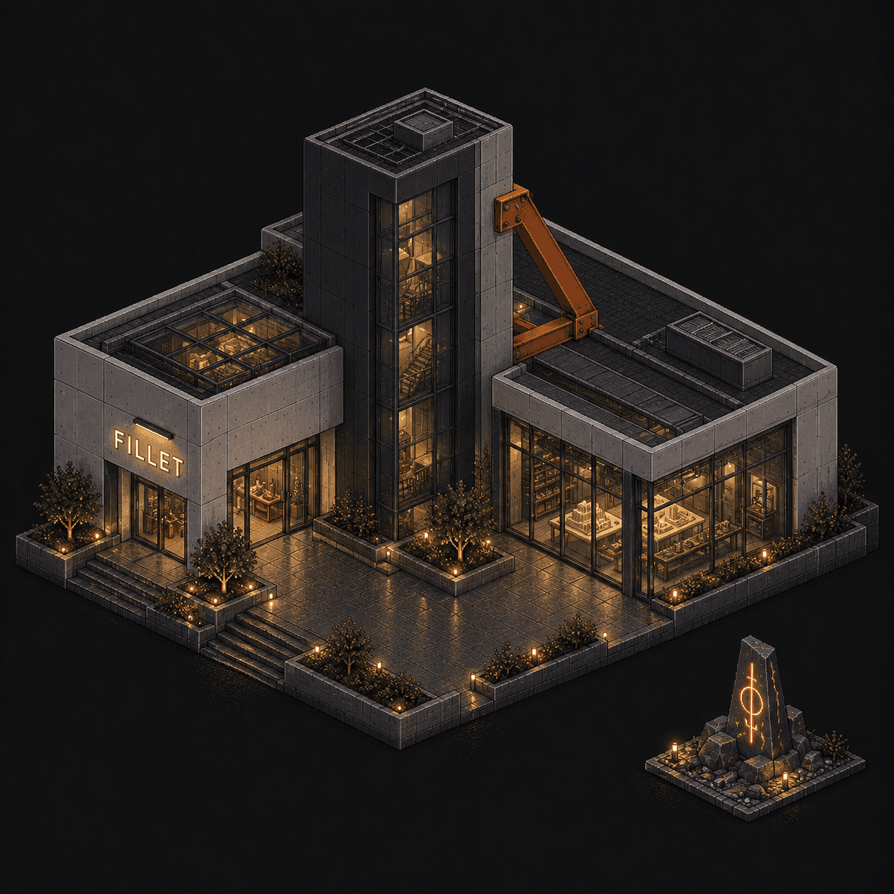Isometric pixel-art headquarters of Fillet