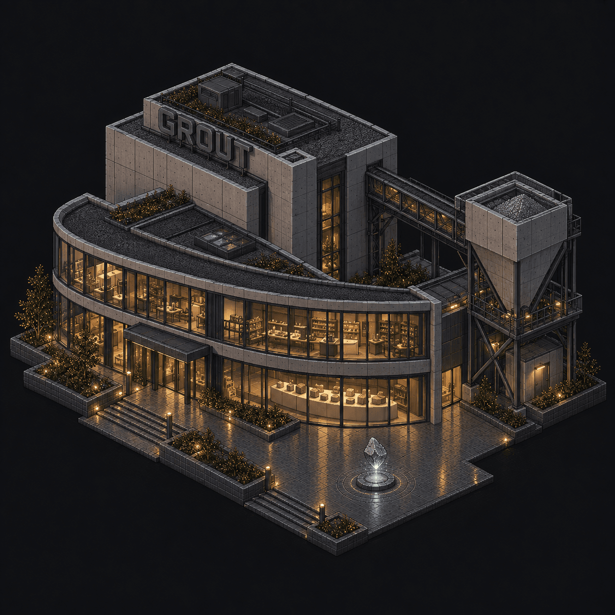 Isometric pixel-art headquarters of Grout