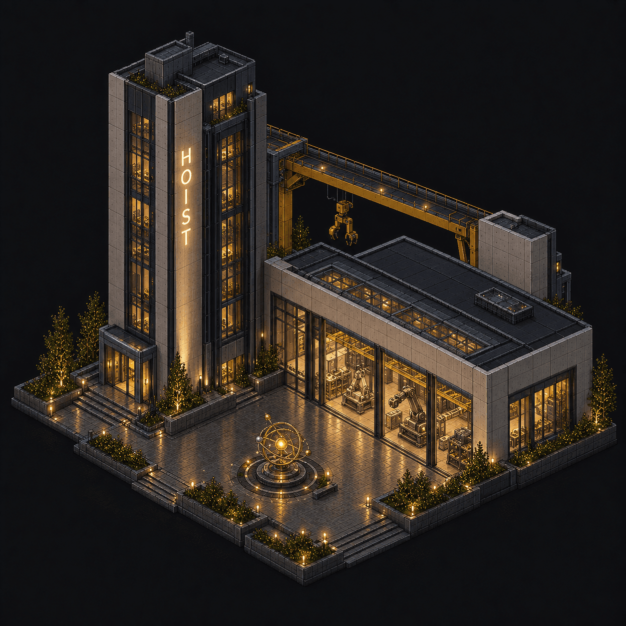 Isometric pixel-art headquarters of Hoist