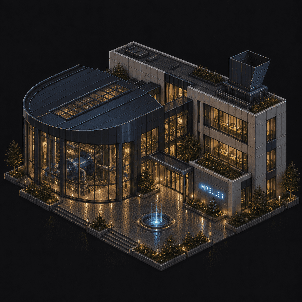 Isometric pixel-art headquarters of Impeller