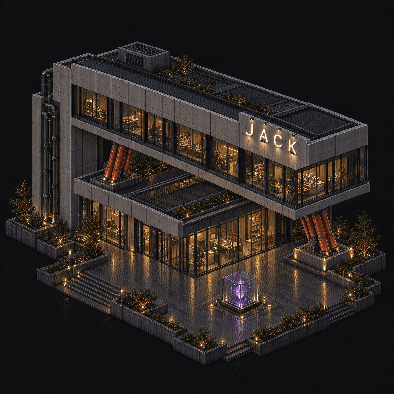 Isometric pixel-art headquarters of Jack
