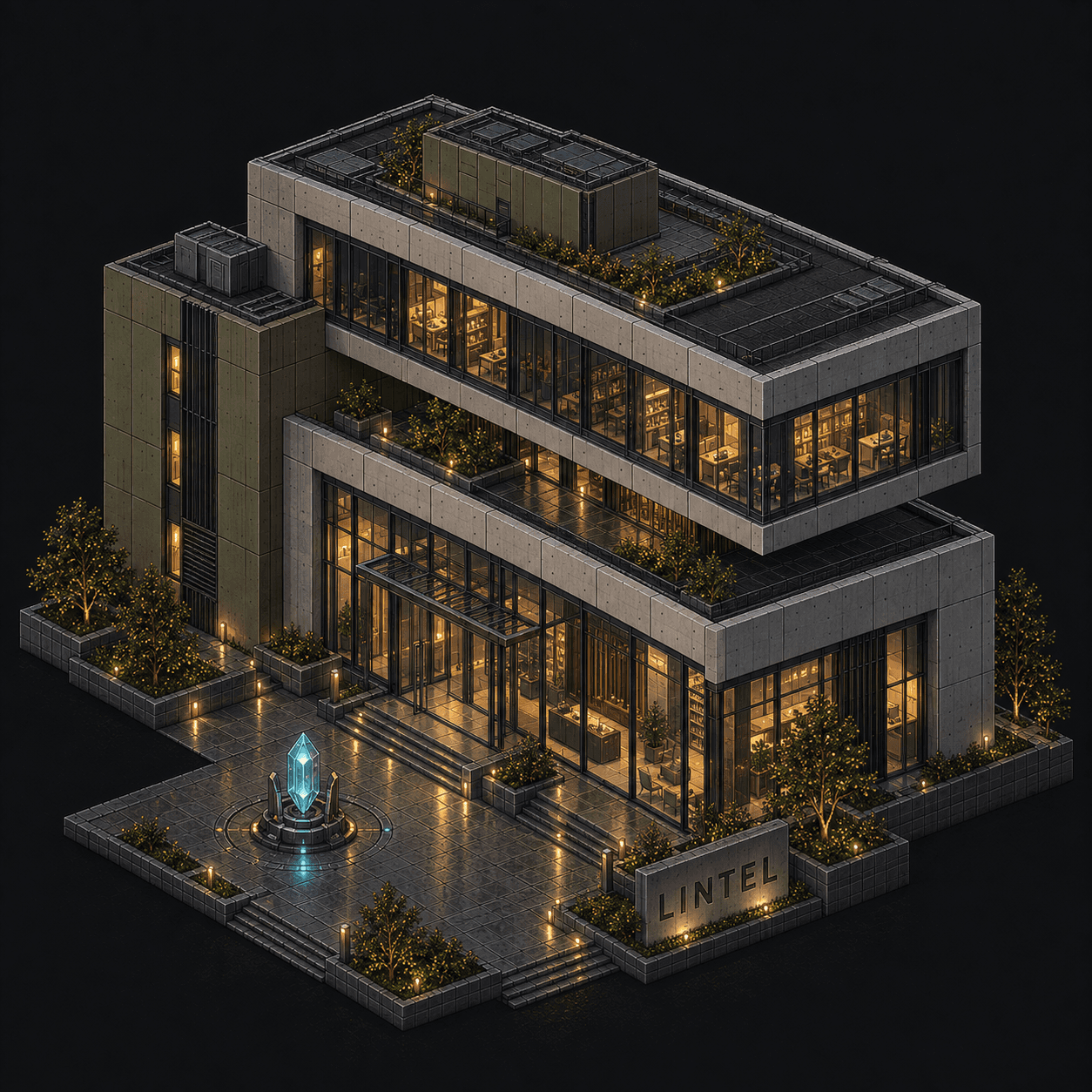 Isometric pixel-art headquarters of Lintel