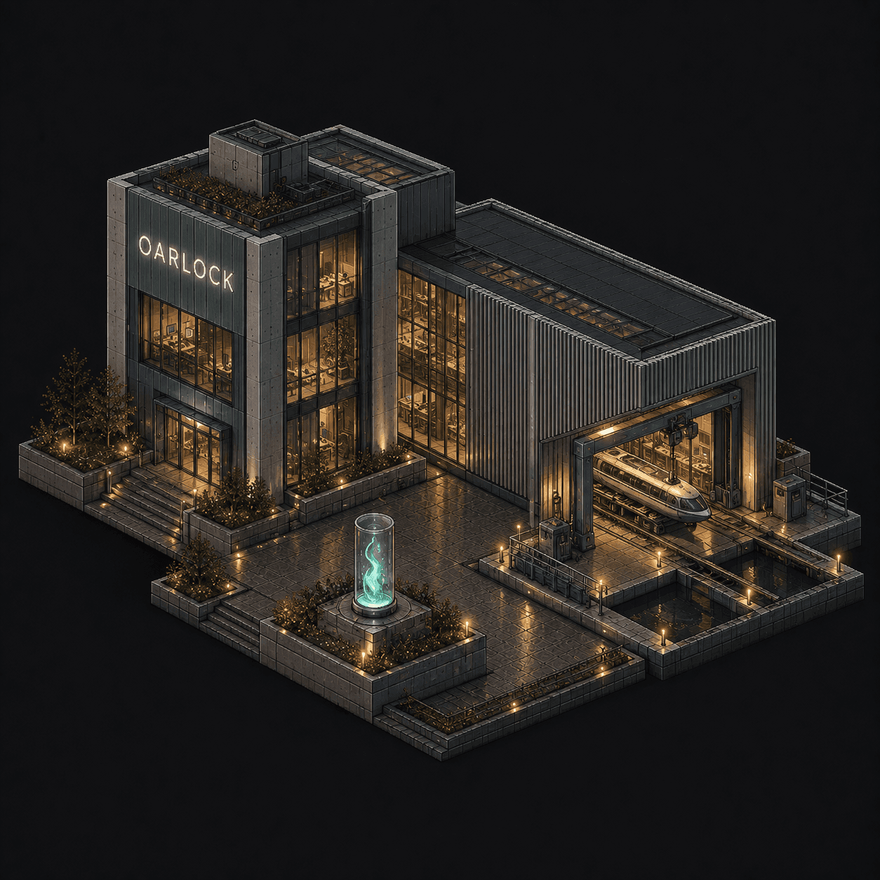 Isometric pixel-art headquarters of Oarlock