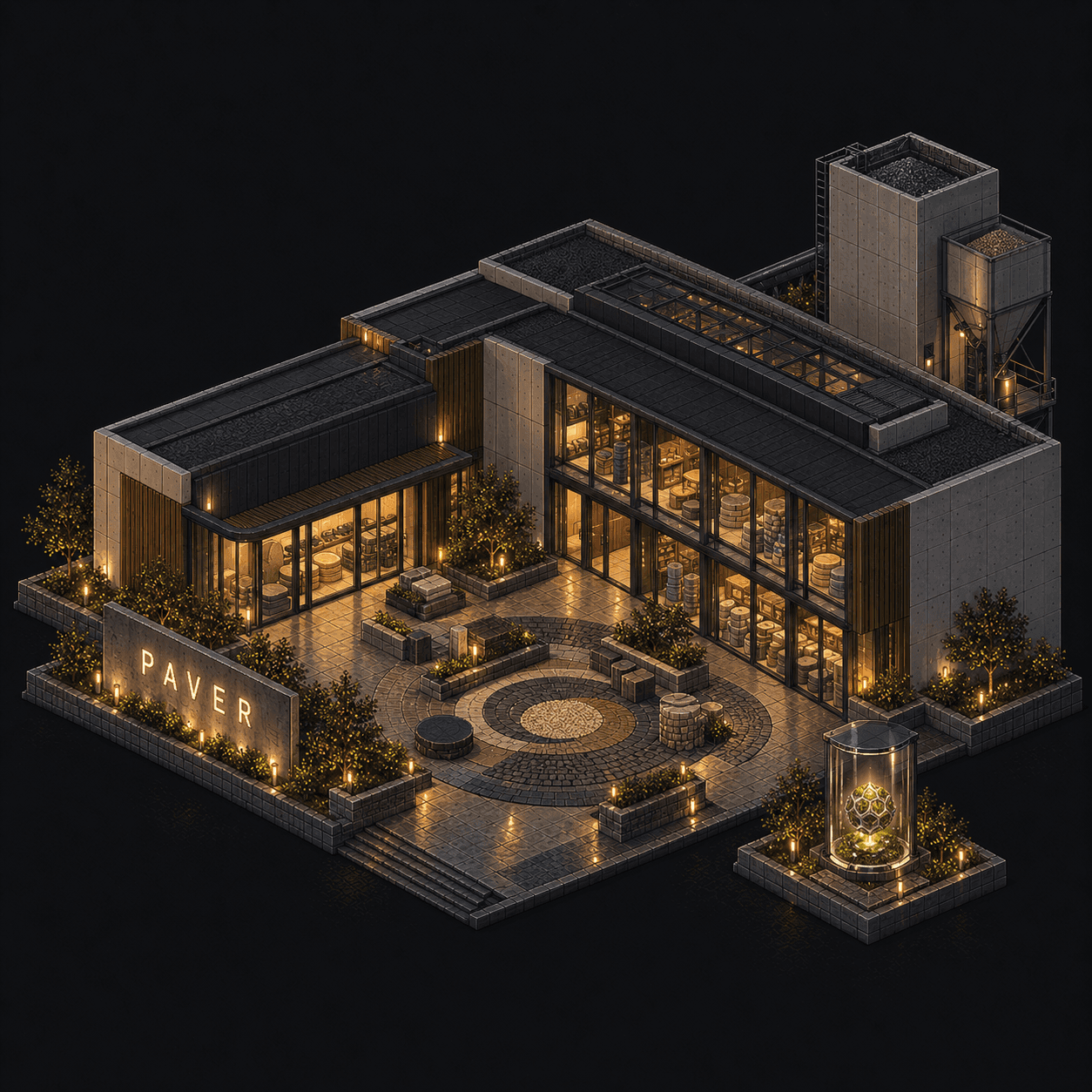 Isometric pixel-art headquarters of Paver