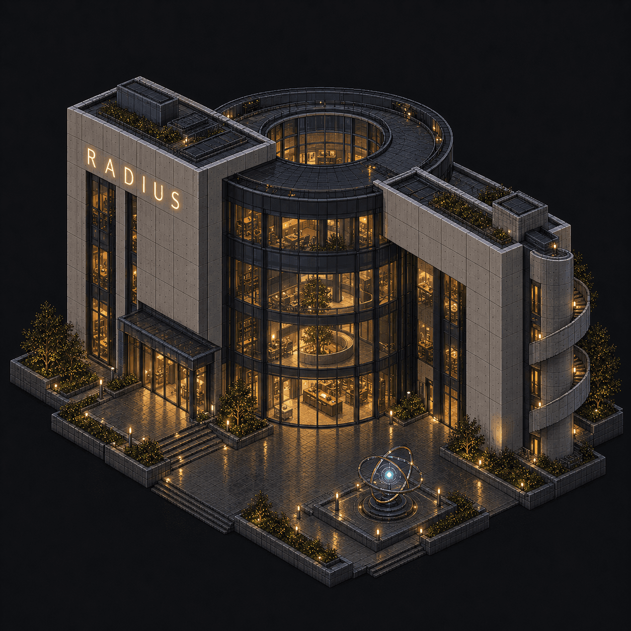 Isometric pixel-art headquarters of Radius
