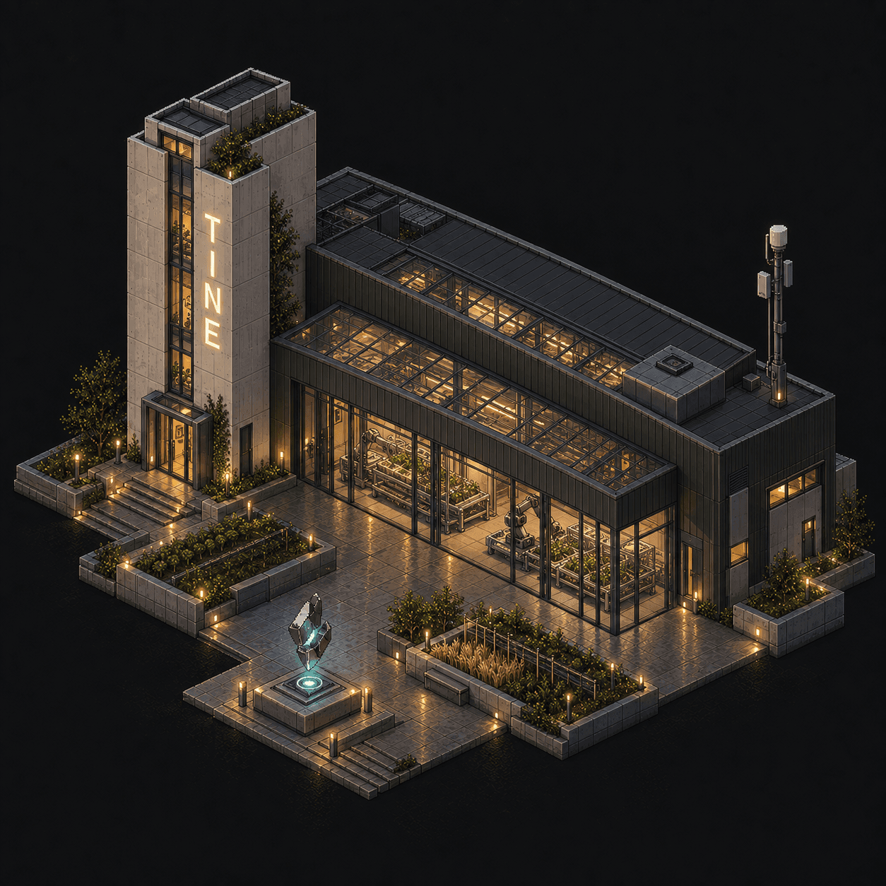Isometric pixel-art headquarters of Tine