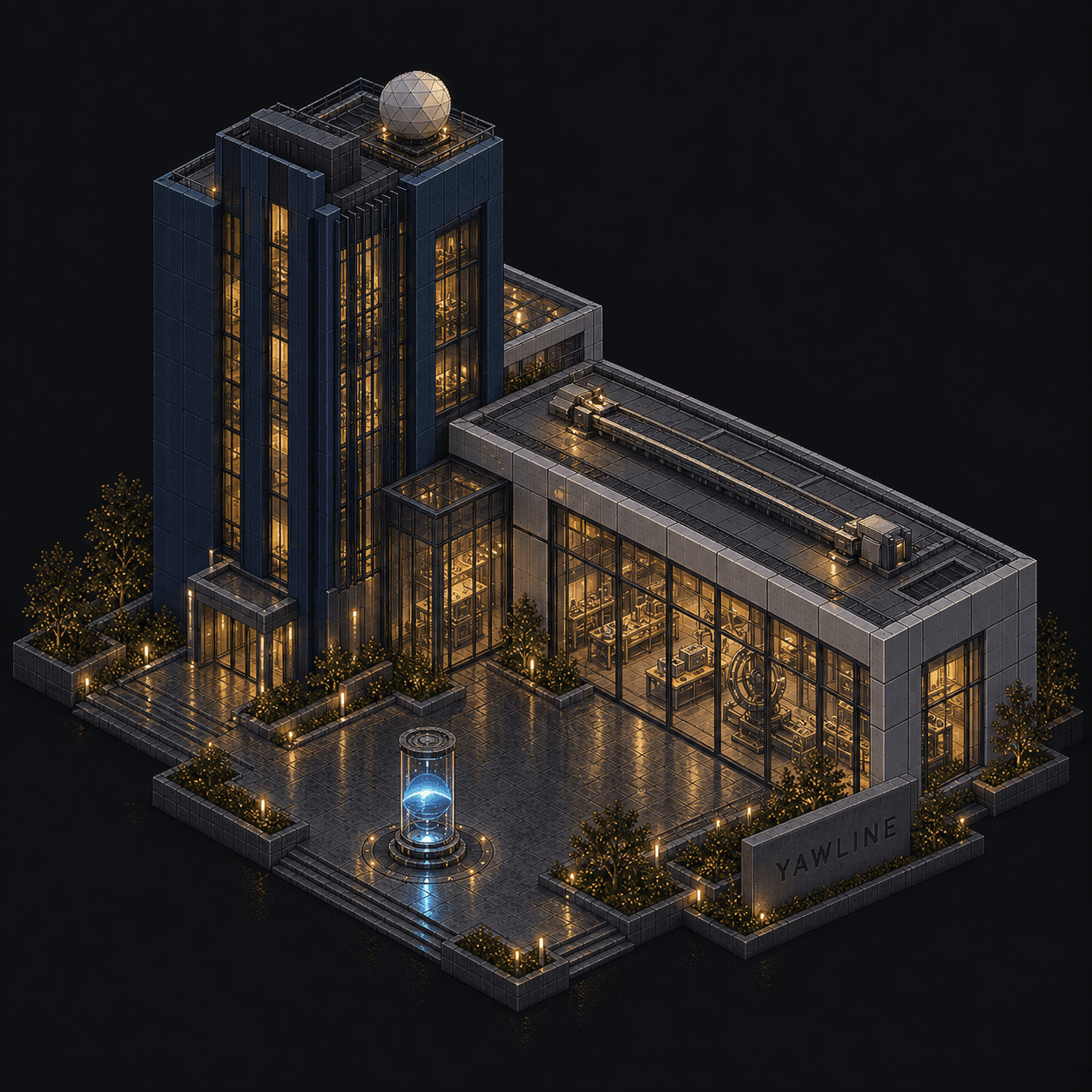 Isometric pixel-art headquarters of Yawline