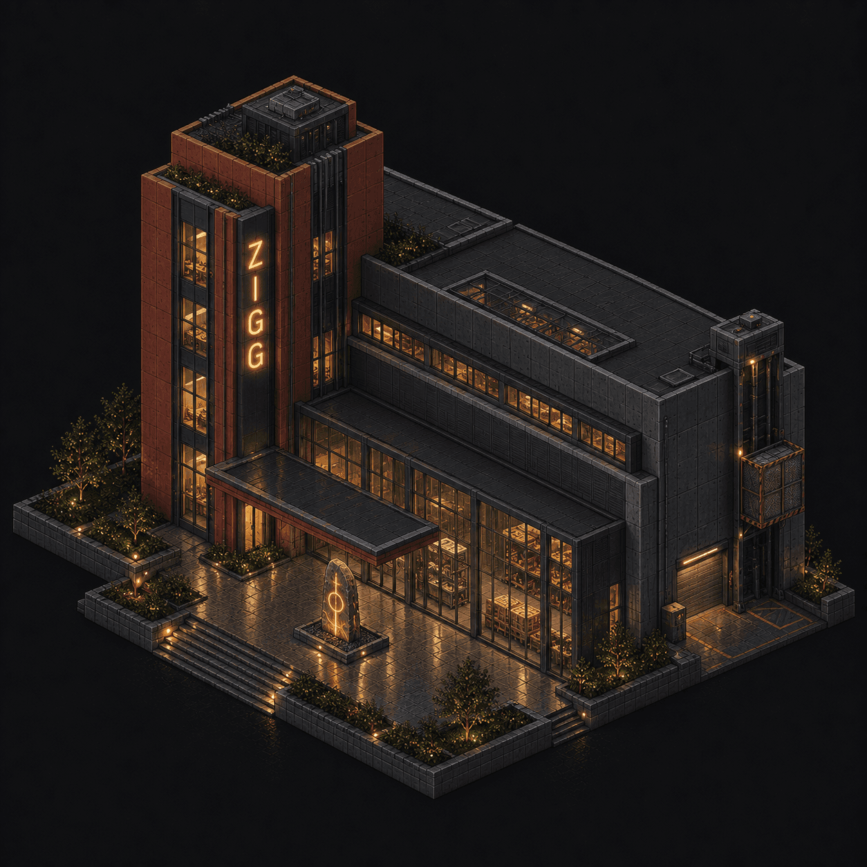 Isometric pixel-art headquarters of Zigg