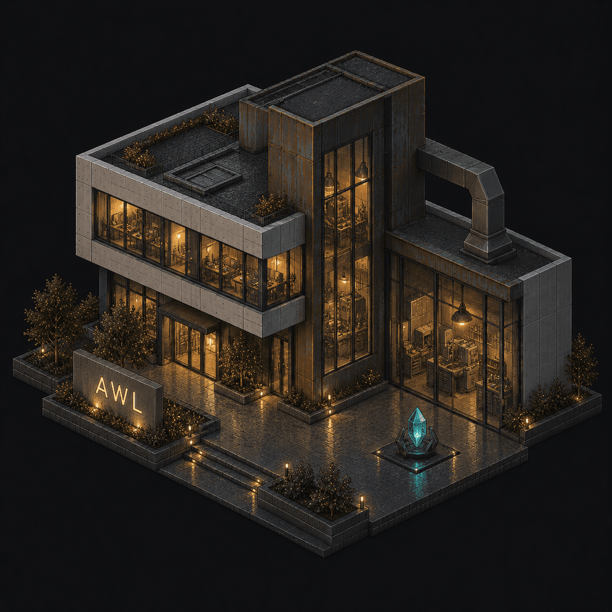 Isometric pixel-art headquarters of Awl