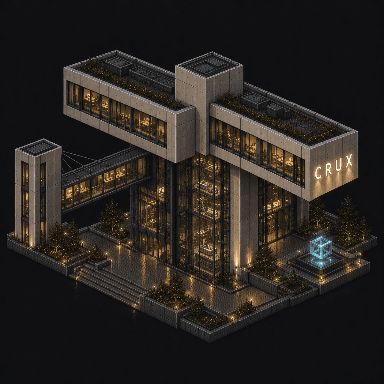 Isometric pixel-art headquarters of Crux