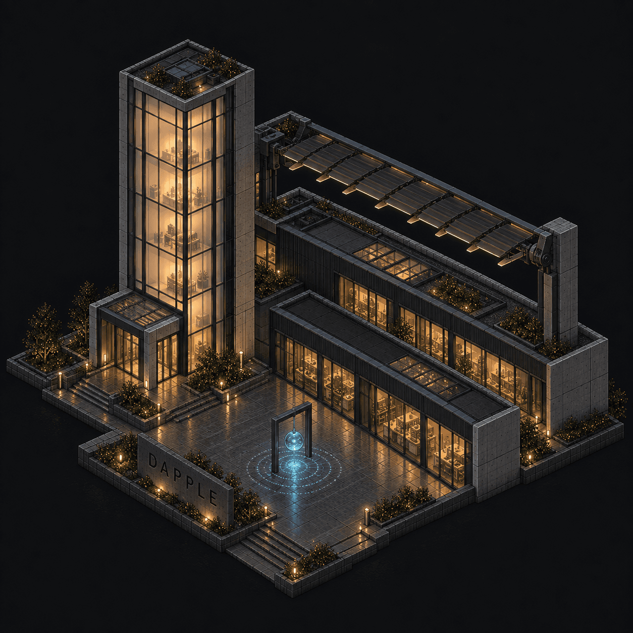 Isometric pixel-art headquarters of Dapple