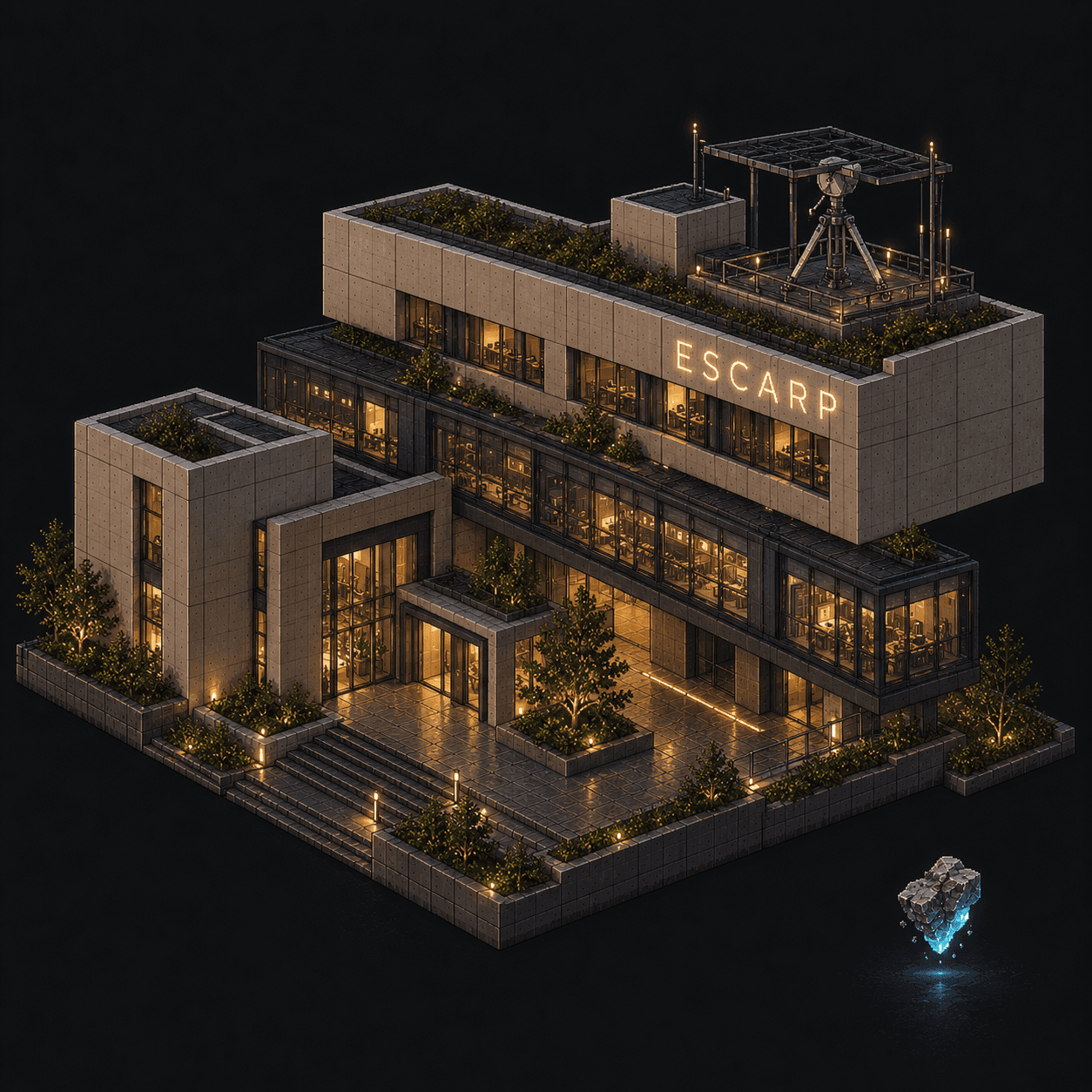 Isometric pixel-art headquarters of Escarp