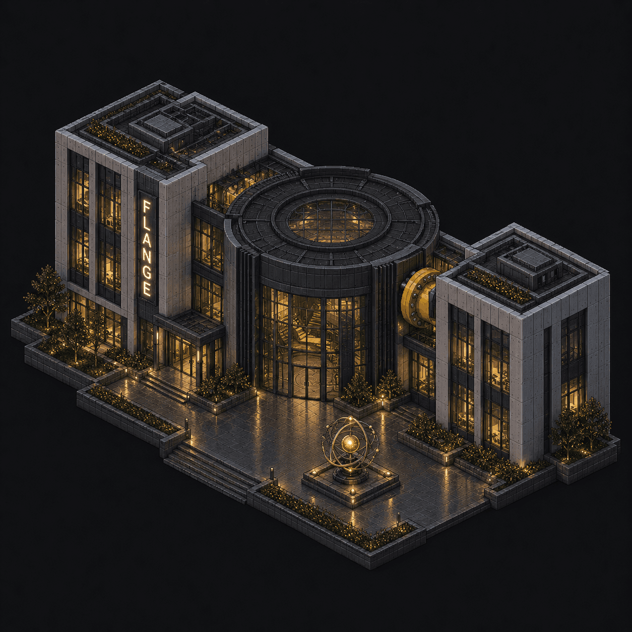 Isometric pixel-art headquarters of Flange