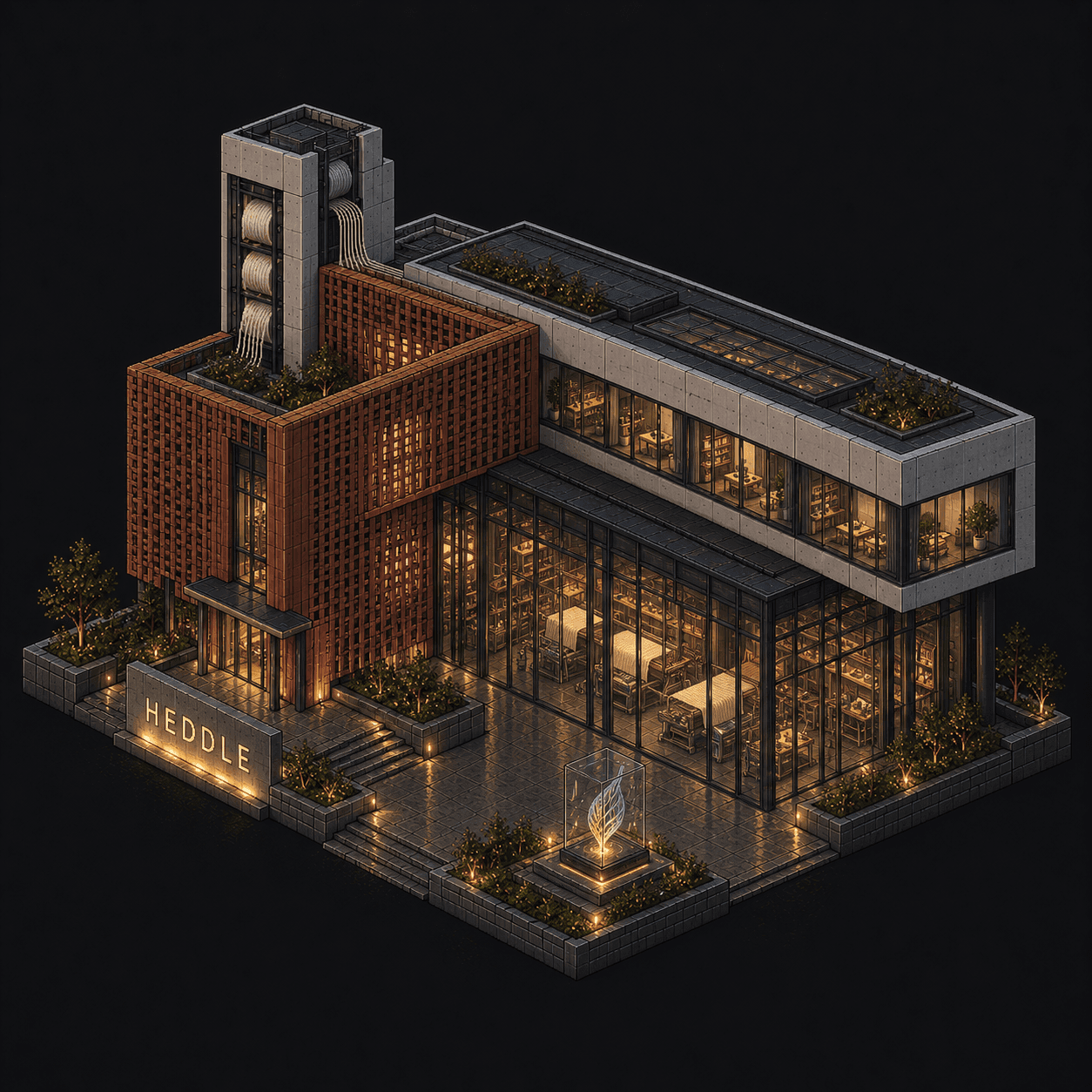 Isometric pixel-art headquarters of Heddle
