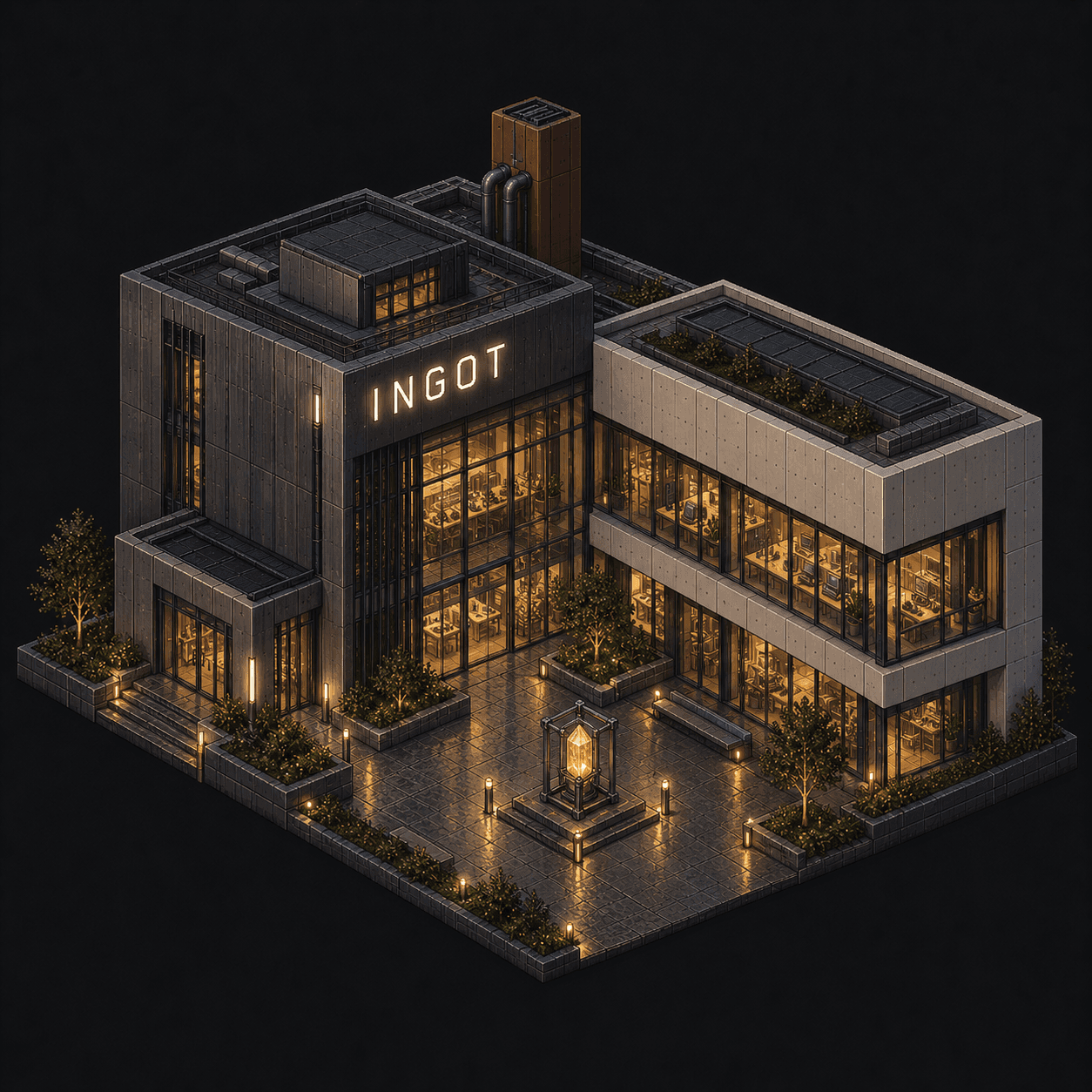 Isometric pixel-art headquarters of Ingot