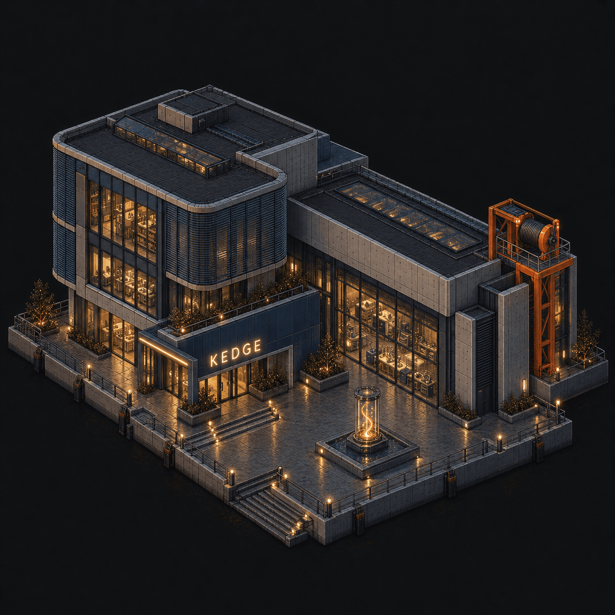 Isometric pixel-art headquarters of Kedge