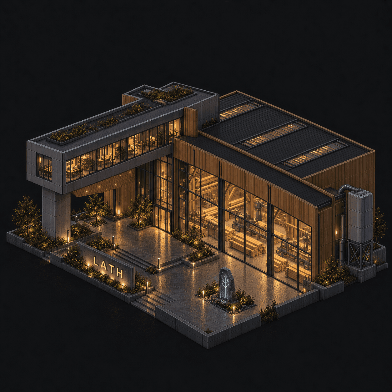 Isometric pixel-art headquarters of Lath