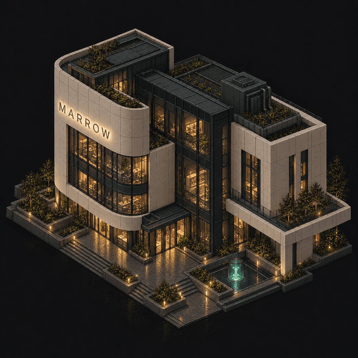 Isometric pixel-art headquarters of Marrow
