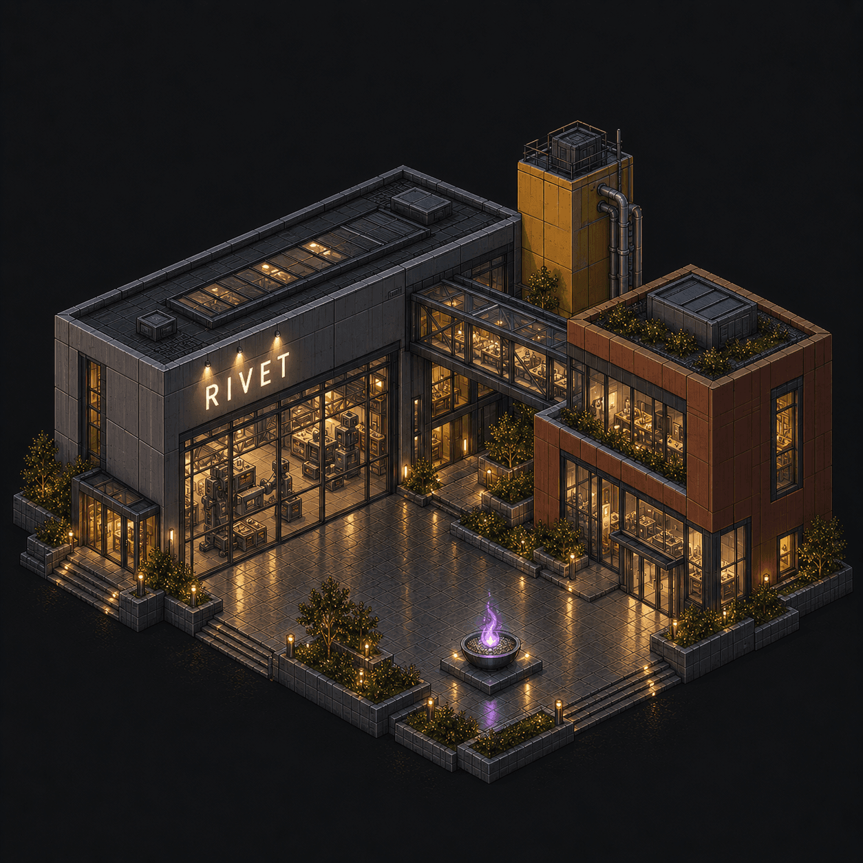 Isometric pixel-art headquarters of Rivet